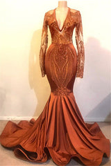 Mermaid Deep V-neck Long Sleeve Floor Length Chiffon Embroidery Prom Dress
