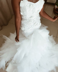 Mermaid Floral Appliques Ruffless Wedding Dresses Sheer Tulle Backless Sleeveless Bridal Gowns