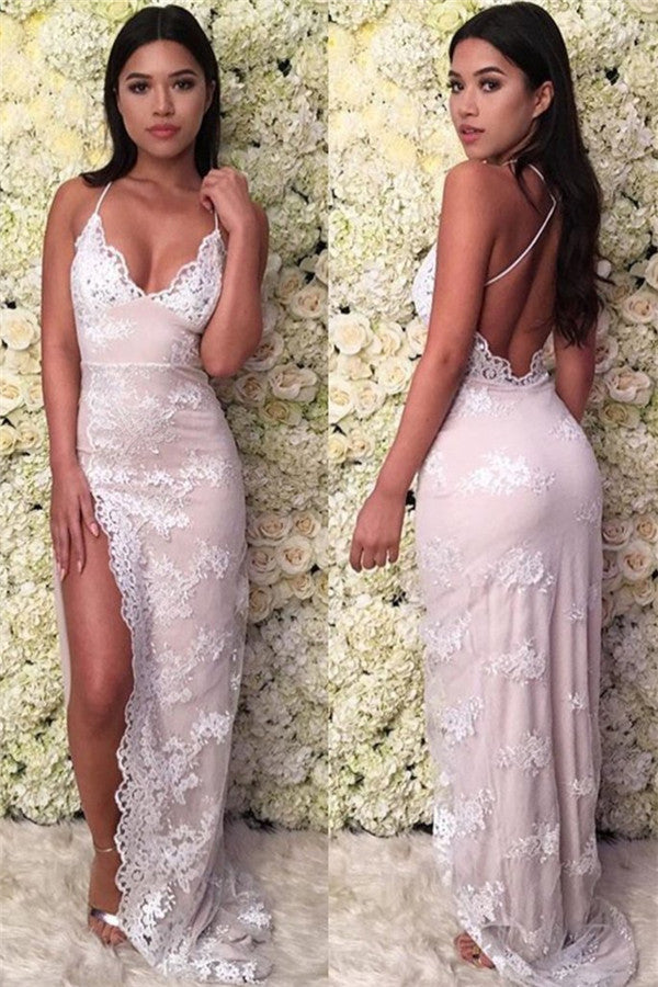 Mermaid Gorgeous Spaghetti-Straps Lace Appliques Backless Prom Dresses