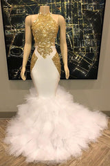 Mermaid Halter Floor Length Chiffon Beading Embroidery Prom Dress