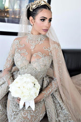 Mermaid High Neck Lace Applique Sequined Floor-length Overskirt Long Sleeve Wedding Dress