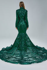 Mermaid High Neck Lace Sequined Floor-length Long Sleeve Elegant Prom Dress