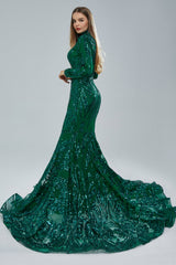 Mermaid High Neck Lace Sequined Floor-length Long Sleeve Elegant Prom Dress