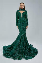 Mermaid High Neck Lace Sequined Floor-length Long Sleeve Elegant Prom Dress