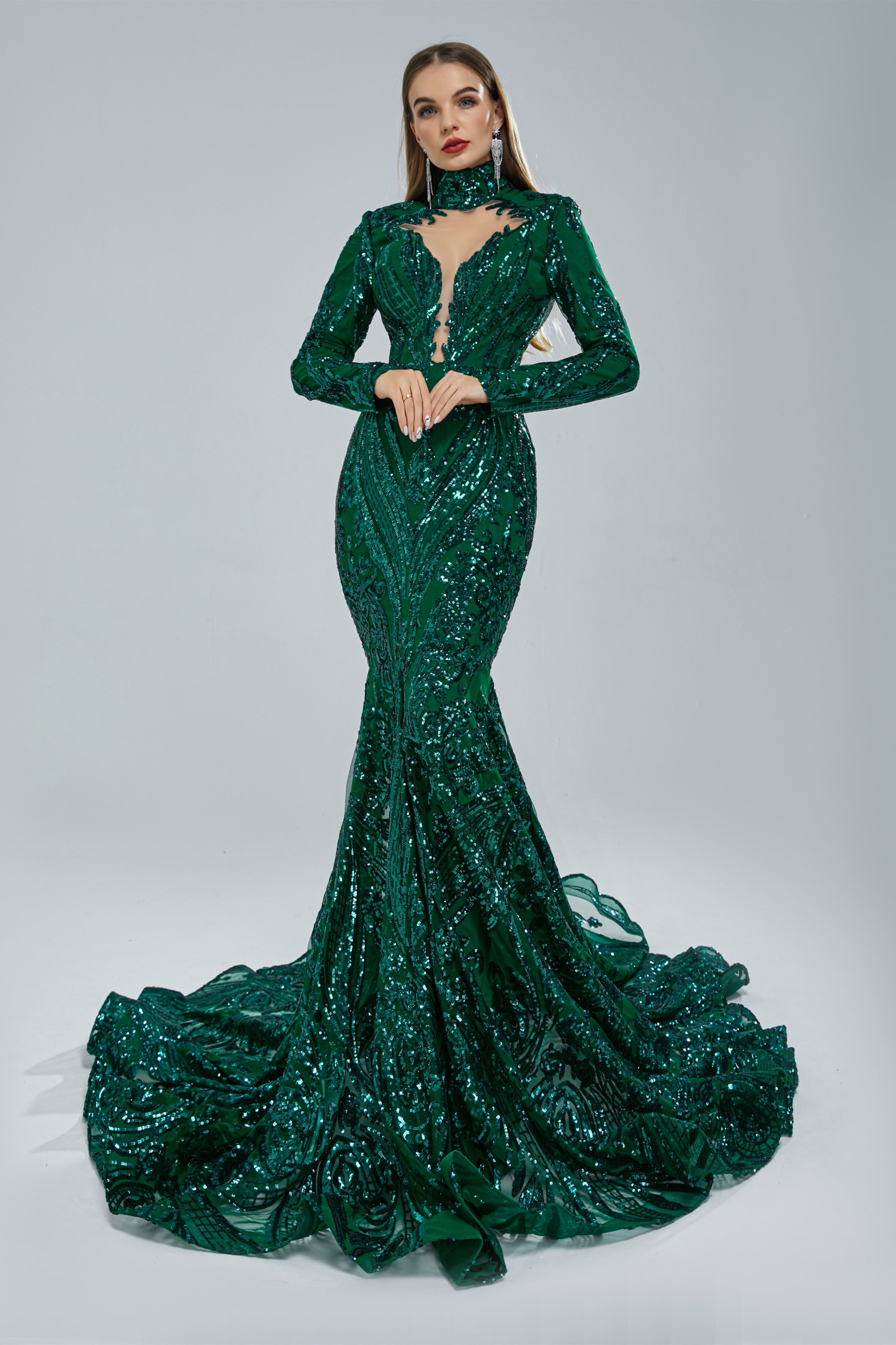 Mermaid High Neck Lace Sequined Floor-length Long Sleeve Elegant Prom Dress