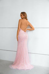 Mermaid High Neck Lace Sequined Floor-length Sleeveless Backless Prom Dress