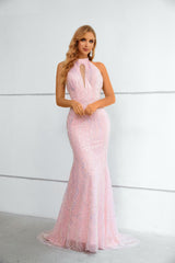 Mermaid High Neck Lace Sequined Floor-length Sleeveless Backless Prom Dress