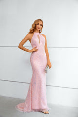 Mermaid High Neck Lace Sequined Floor-length Sleeveless Backless Prom Dress