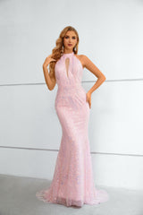 Mermaid High Neck Lace Sequined Floor-length Sleeveless Backless Prom Dress