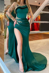 Mermaid Jewel Lace Applique Floor-length Long Sleeve High Split Prom Dress