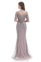 Mermaid Jewel Sequined Floor-length Half Sleeves Beading Prom Dress