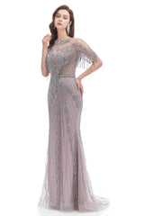 Mermaid Jewel Sequined Floor-length Half Sleeves Beading Prom Dress