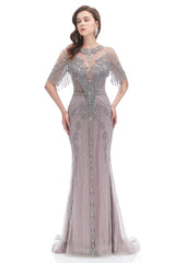 Mermaid Jewel Sequined Floor-length Half Sleeves Beading Prom Dress