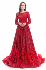 Mermaid Jewel Sequined Floor-length Long Sleeve With Feather Prom Dress