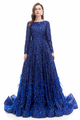 Mermaid Jewel Sequined Floor-length Long Sleeve With Feather Prom Dress