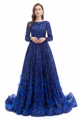 Mermaid Jewel Sequined Floor-length Long Sleeve With Feather Prom Dress