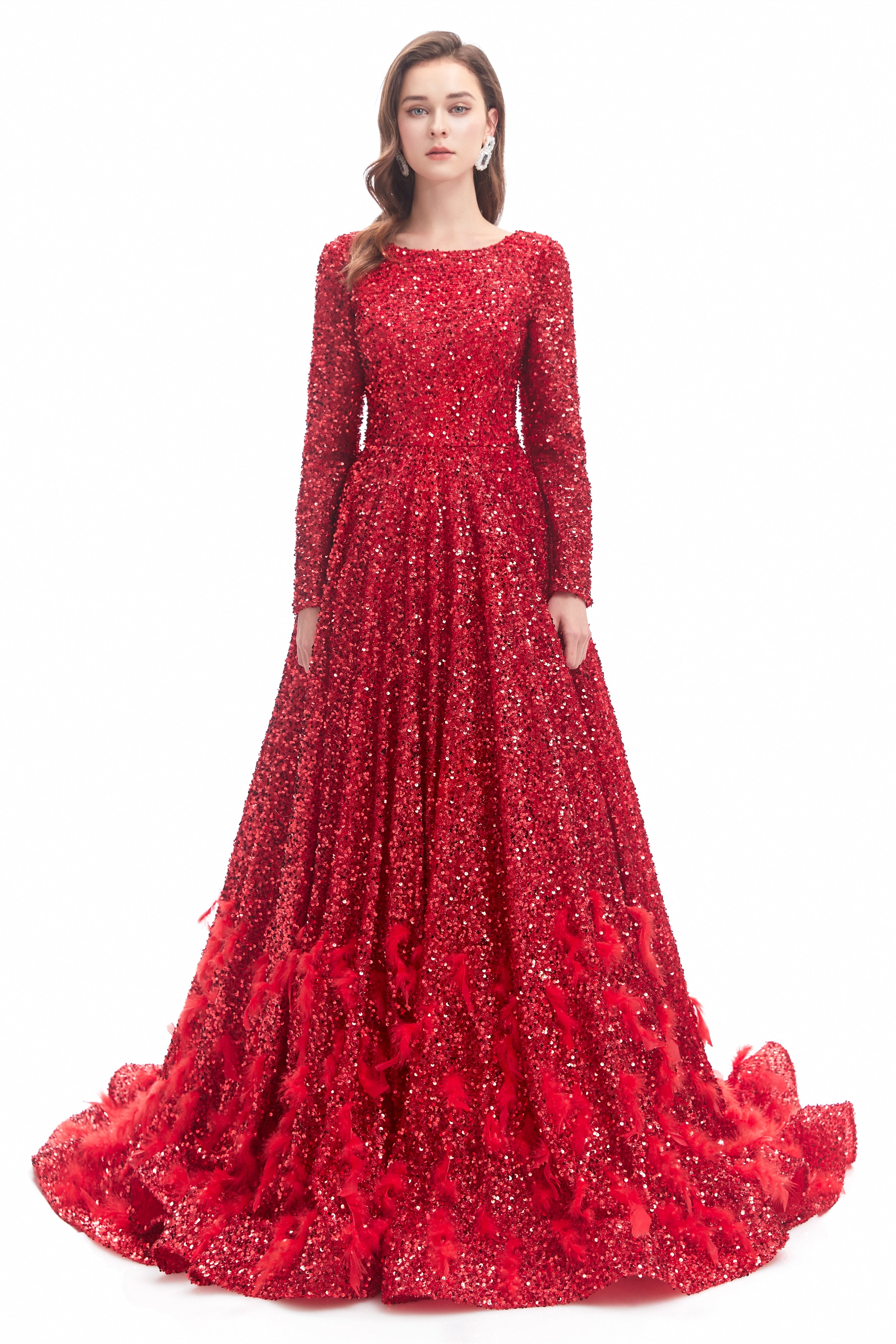 Mermaid Jewel Sequined Floor-length Long Sleeve With Feather Prom Dress