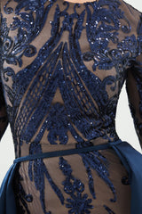 Mermaid Jewel With Detachable Train Sequined Floor-length Long Sleeve Appliques Lace Prom Dress