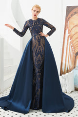 Mermaid Jewel With Detachable Train Sequined Floor-length Long Sleeve Appliques Lace Prom Dress