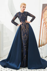 Mermaid Jewel With Detachable Train Sequined Floor-length Long Sleeve Appliques Lace Prom Dress