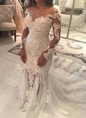 Mermaid Lace Appliques Modern Tulle Wedding Dress Long Sleeves Bride Dress With Long Train