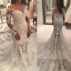 Mermaid Lace Appliques Modern Tulle Wedding Dress Long Sleeves Bride Dress With Long Train