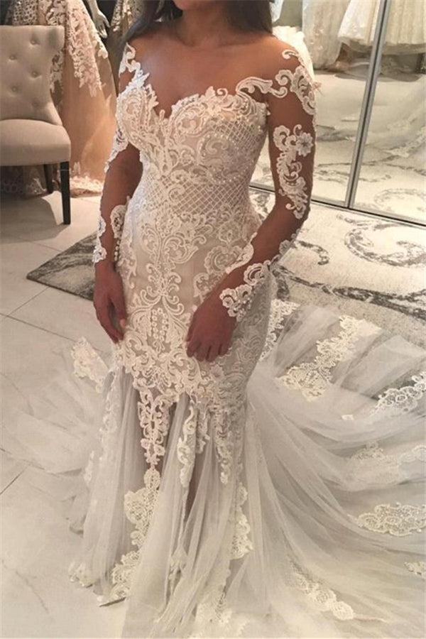 Mermaid Lace Appliques Modern Tulle Wedding Dress Long Sleeves Bride Dress With Long Train