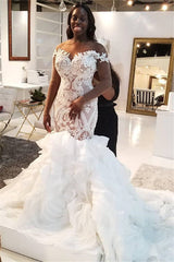 Mermaid Lace Appliques Tulle Wedding Dresses Long Sleevess Delicate Bridal Gowns