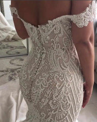 Mermaid Off-the-shoulder Floor Length Applique Beading Wedding Dress