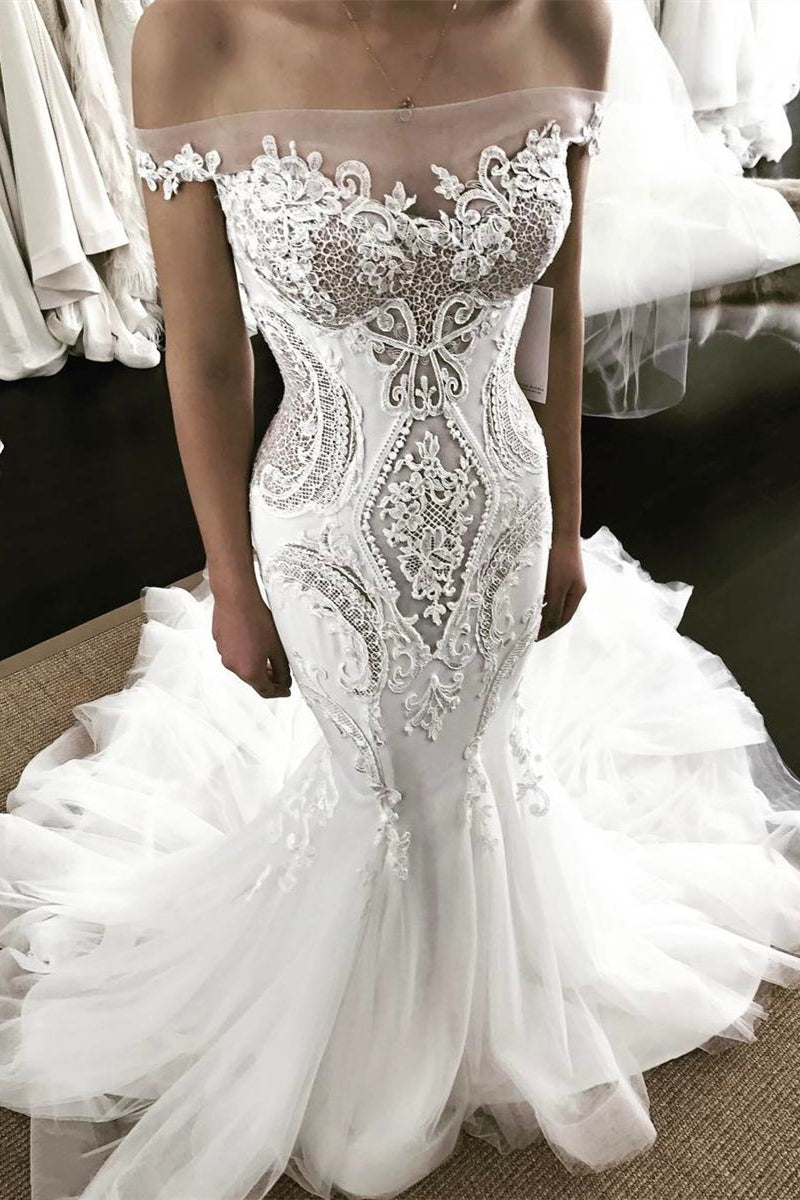 Mermaid Off-the-shoulder Floor Length Sleeveless Tulle Applique Wedding Dress
