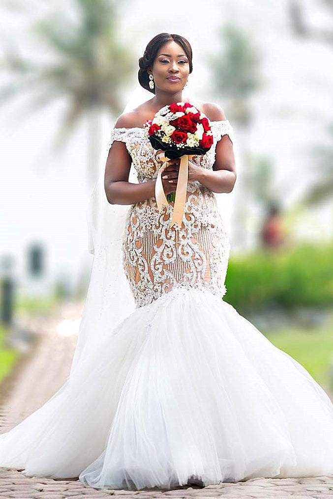 Mermaid Off-the-shoulder Floor Length Tulle Applique Wedding Dress