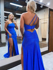 Mermaid One Shoulder Beaded Jersey Prom Dress with Slit