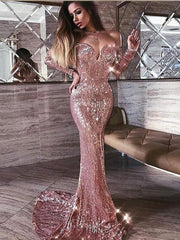 Mermaid Pink Shiny Sequined Strapless Off-the-Shoulder Long Sleevess Prom Party Gowns