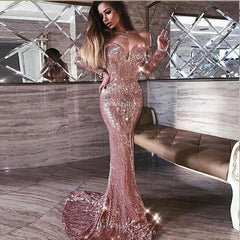 Mermaid Pink Shiny Sequined Strapless Off-the-Shoulder Long Sleevess Prom Party Gowns