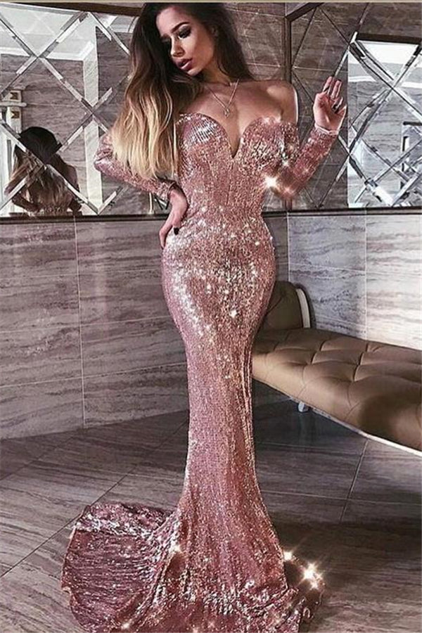 Mermaid Pink Shiny Sequined Strapless Off-the-Shoulder Long Sleevess Prom Party Gowns