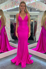 Mermaid Pink V Neck Backless Satin Long Prom Dress