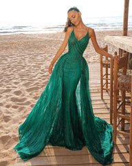 Mermaid Prom Party Dress V-Neck Sequined Evening Gowns Sweep/Trumpet Train