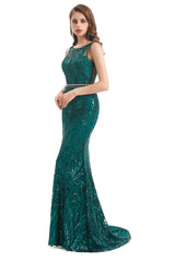 Mermaid Round Beaded Sleeveless Lace Sequined Floor-length Open Back Prom Dress