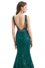 Mermaid Round Beaded Sleeveless Lace Sequined Floor-length Open Back Prom Dress