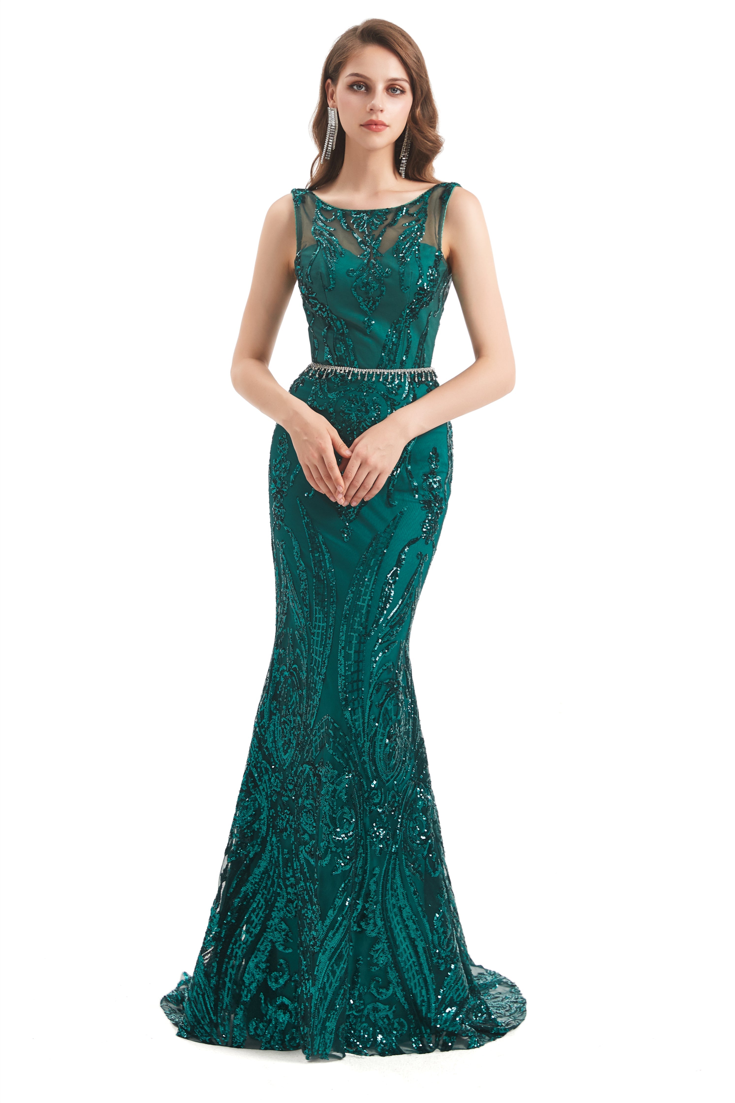 Mermaid Round Beaded Sleeveless Lace Sequined Floor-length Open Back Prom Dress