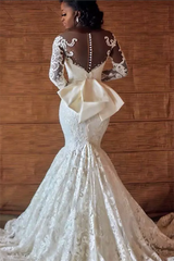 Mermaid Round Collar Long Sleeves Backless Floor Length Charmeuse Applique Wedding Dress
