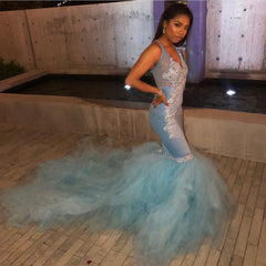 Mermaid Sheer Straps Applique Tulle Chic Prom Dresses