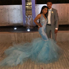 Mermaid Sheer Straps Applique Tulle Chic Prom Dresses