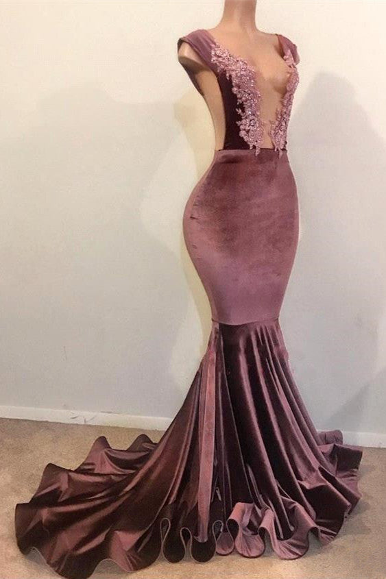 Mermaid Sleeveless Floor Length Appliques Velvet Prom Dresses