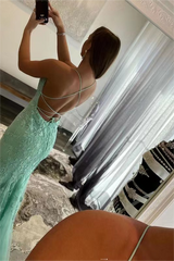 Mermaid Spaghetti strap Floor-length Sleeveless Open Back Appliques Lace Prom Dress