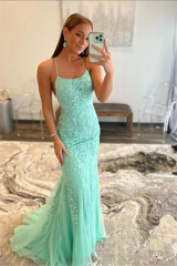 Mermaid Spaghetti strap Floor-length Sleeveless Open Back Appliques Lace Prom Dress