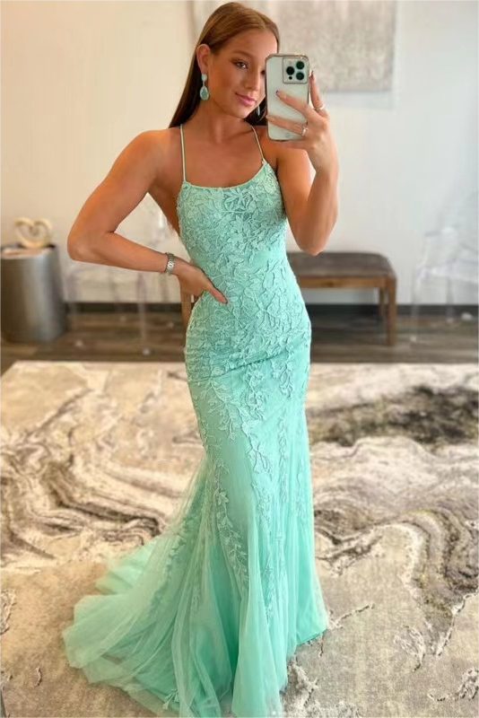 Mermaid Spaghetti strap Floor-length Sleeveless Open Back Appliques Lace Prom Dress