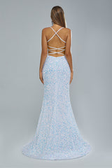 Mermaid Spaghetti strap Sequined Floor-length Sleeveless Backless High Split Elegant Prom Dress