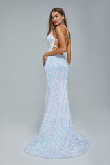 Mermaid Spaghetti strap Sequined Floor-length Sleeveless Backless High Split Elegant Prom Dress