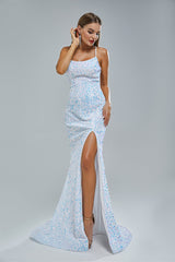 Mermaid Spaghetti strap Sequined Floor-length Sleeveless Backless High Split Elegant Prom Dress